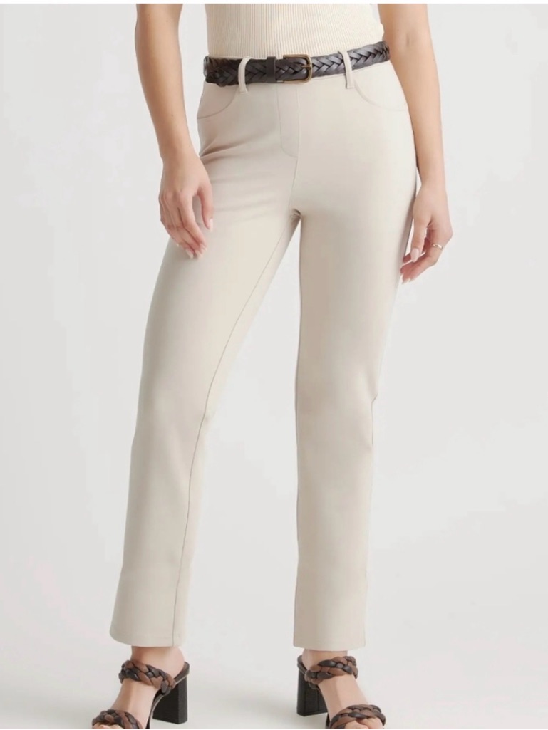 Quince Ultra-Stretch Ponte Straight Leg 4-Pocket Pants Large Petite Ecru Flaw